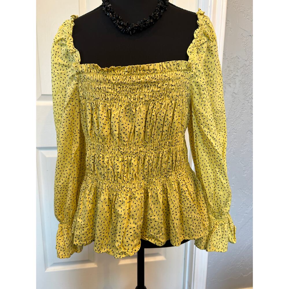Who What Wear Womens Large L Yellow Ditsy Smocked Peplum Blouse Square Neck Boho - Picture 6 of 12
